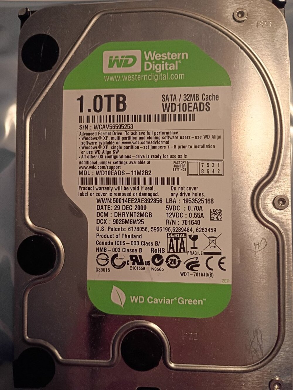 1TB Hard Drive, Western Digital Green, Internal